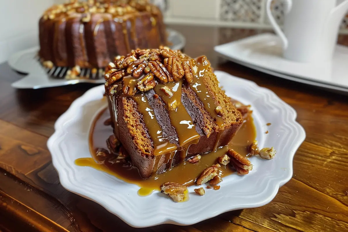 Buttermilk Pumpkin Pound Cake with Caramel Pecan Sauce