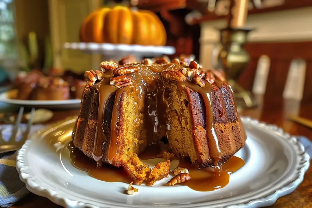 Buttermilk Pumpkin Pound Cake with Caramel Pecan Sauce